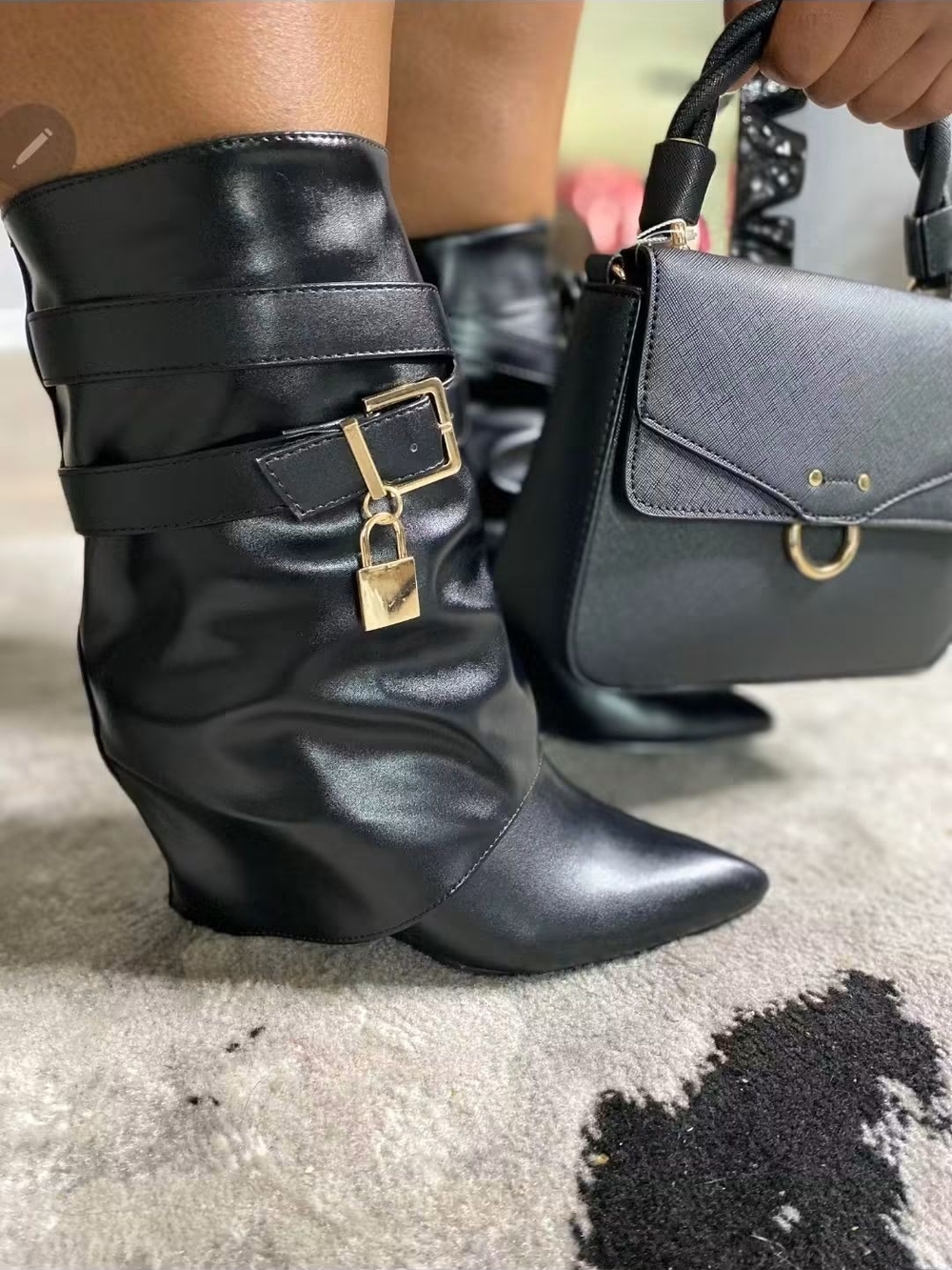 Women's Black Slouchy Pointed-Toe Wedge Boots with Gold Padlock Detail